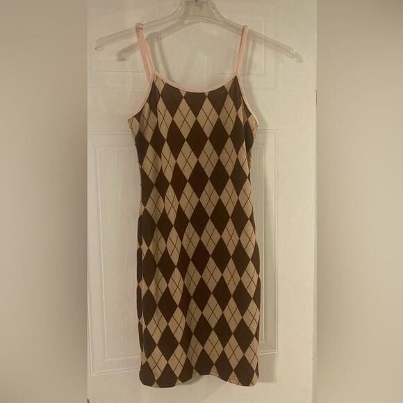 SHEIN Halter Brown Argyle Mini Dress Adjustable Straps Size L 8/10 - Picture 4 of 10